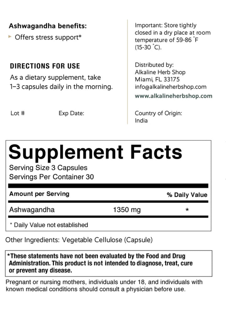 Ashwagandha Root      Veggie Capsules
