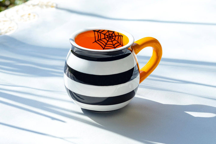 Halloween Bat Dots and Spider Web Stripes 12oz Mugs Set of 2