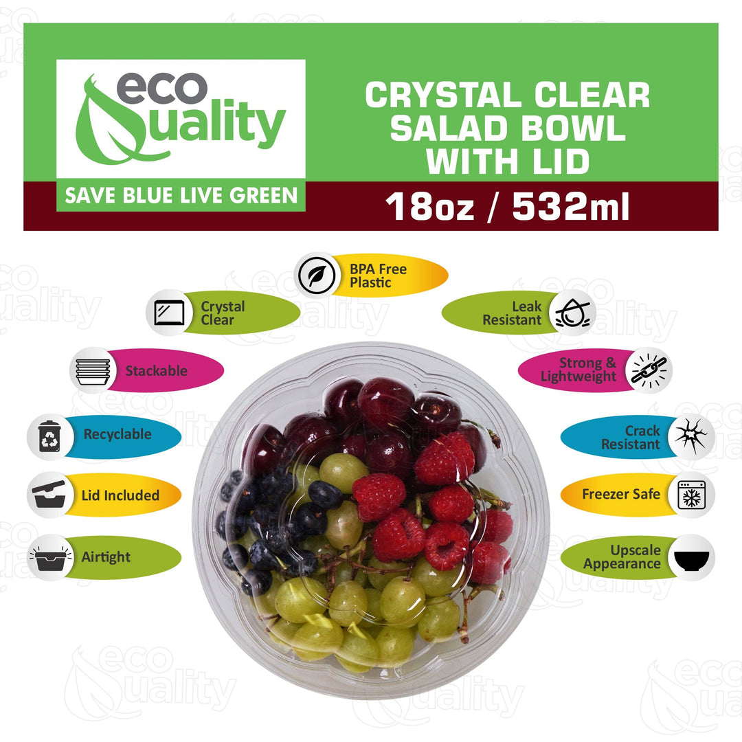 18Oz Crystal Clear Plastic Disposable Salad Bowls with Lids