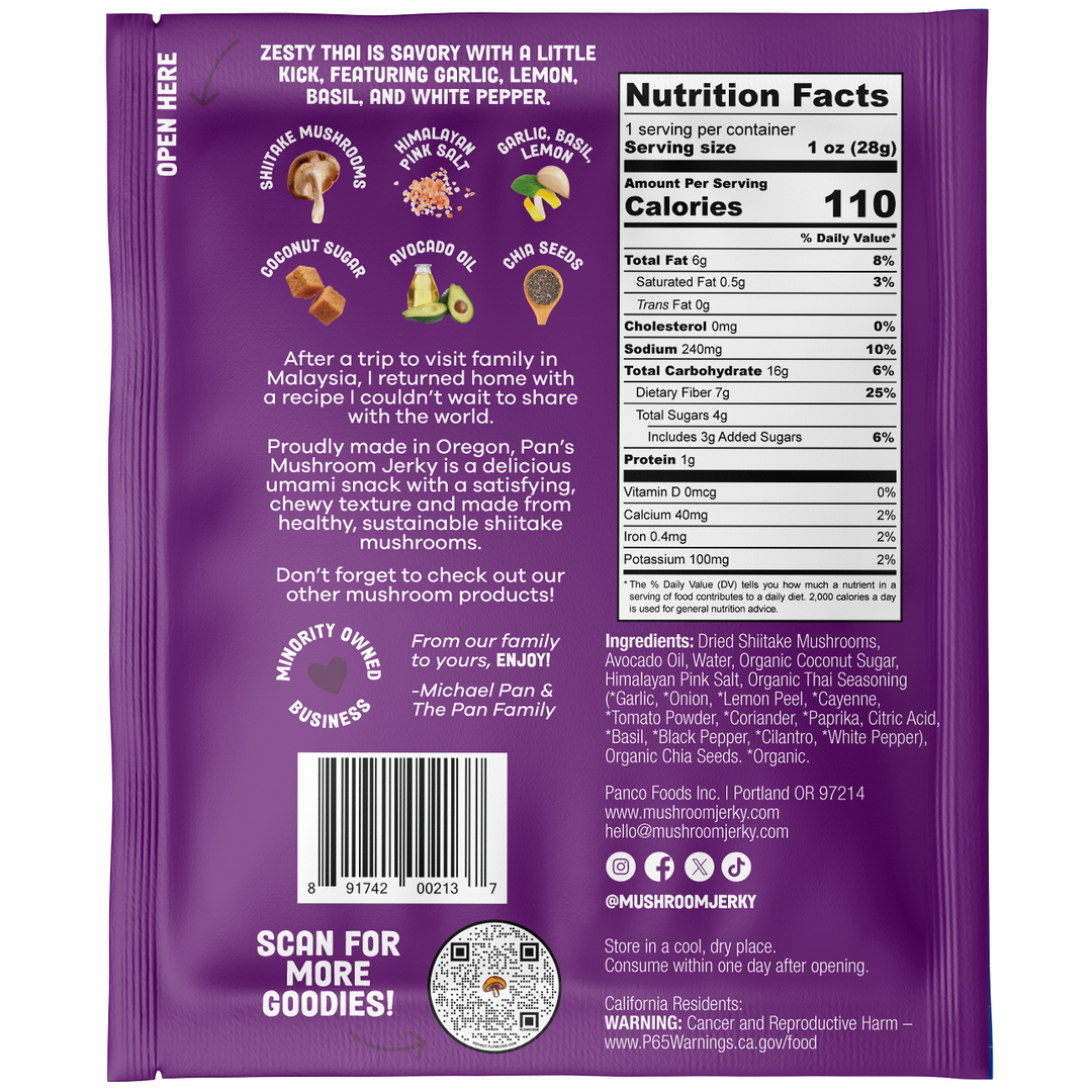 *NEW* 1oz Single Serve | Pan's Mushroom Jerky - Zesty Thai
