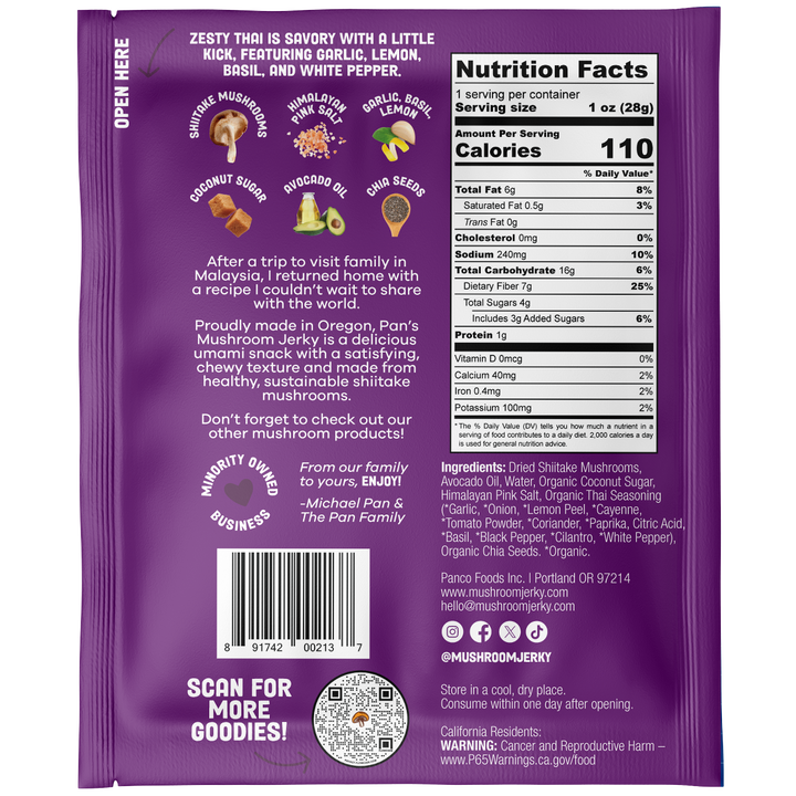 *NEW* 1oz Single Serve | Pan's Mushroom Jerky - Zesty Thai