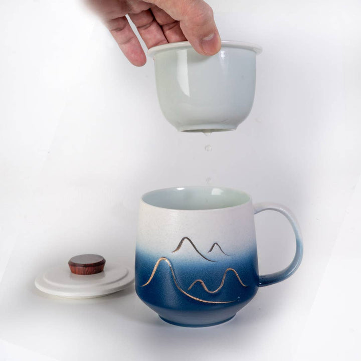 15oz Tea Mugs with Lid and Infuser for Loose Leaf Tea Mountain Design Blue White (4/48)