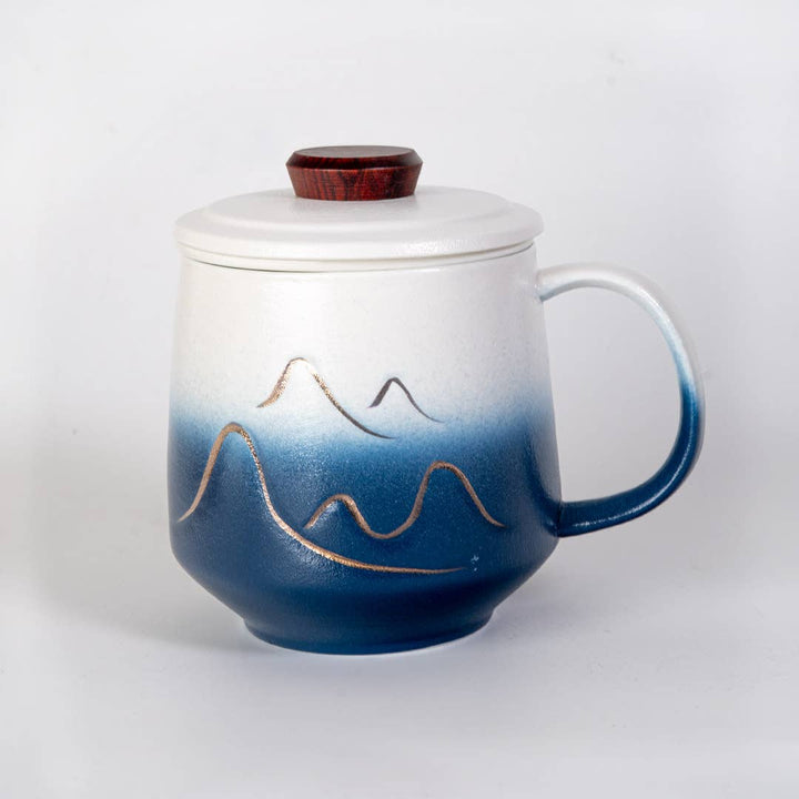 15oz Tea Mugs with Lid and Infuser for Loose Leaf Tea Mountain Design Blue White (4/48)