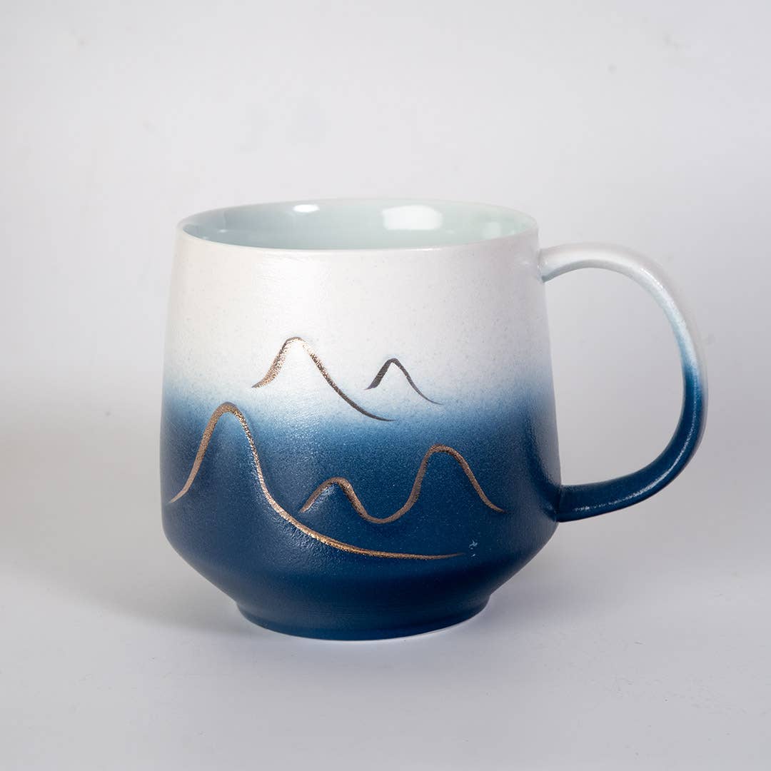 15oz Tea Mugs with Lid and Infuser for Loose Leaf Tea Mountain Design Blue White (4/48)