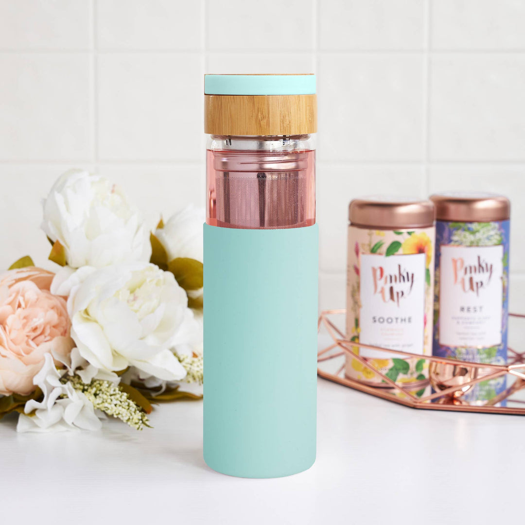 Dana™ Glass Travel Mug w/Infuser & Silicone Sleeve-Turquoise
