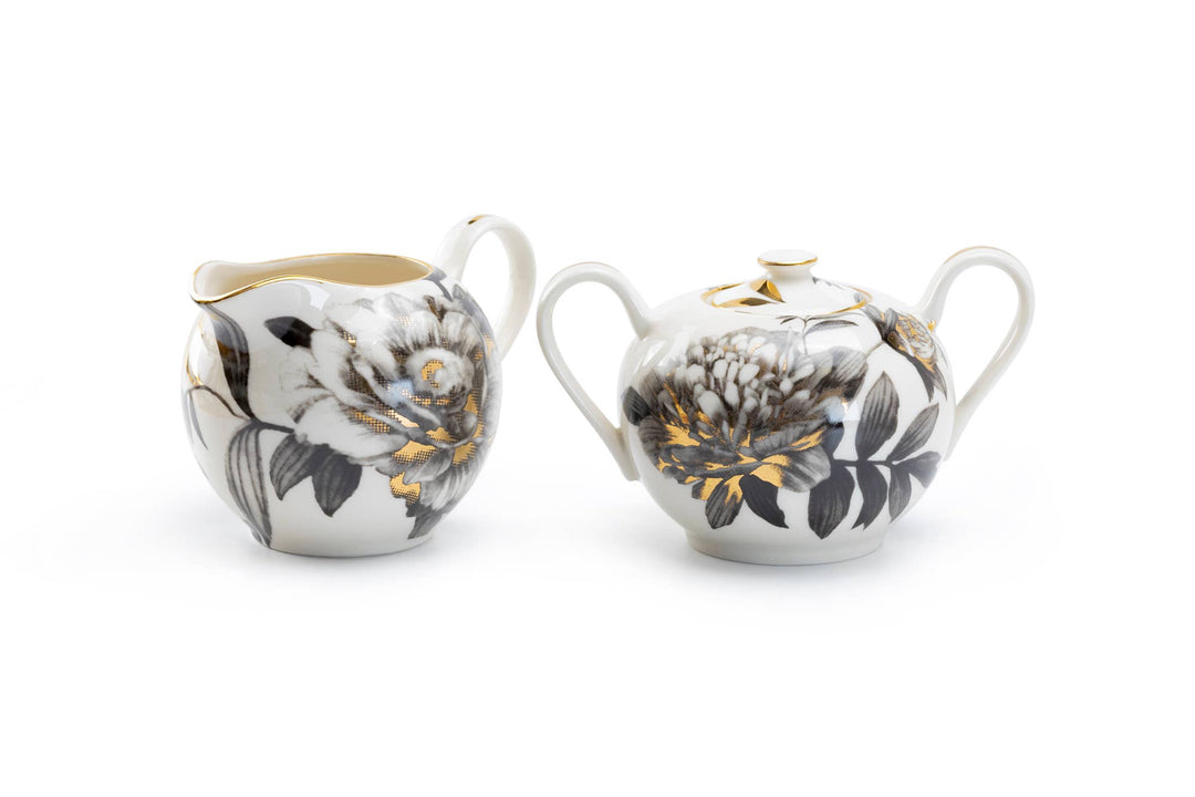 Black Gold Peony Fine Porcelain Sugar and Creamer Set