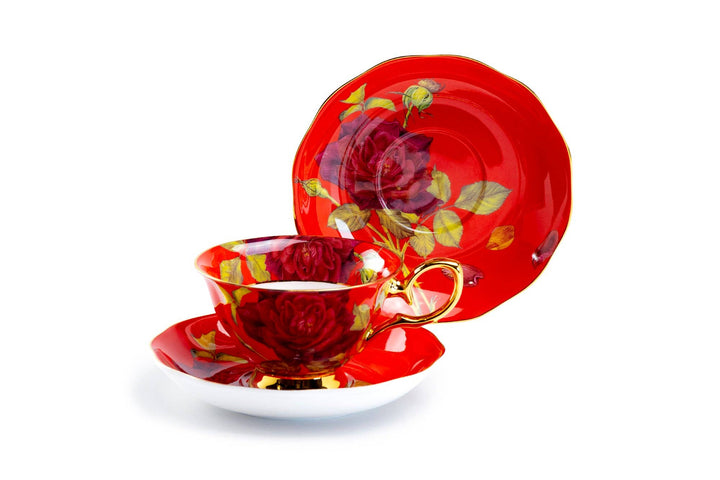 Gold Red Stem Rose 7oz Bone China Tea Cup and Saucer