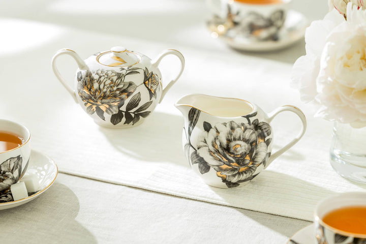 Black Gold Peony Fine Porcelain Sugar and Creamer Set