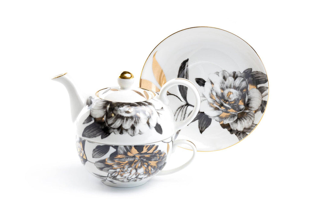 Black Gold Peony Fine Porcelain Tea For One Set