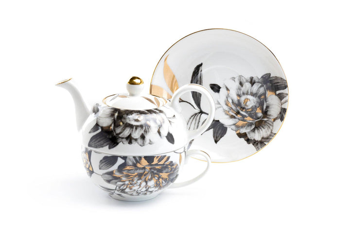 Black Gold Peony Fine Porcelain Tea For One Set