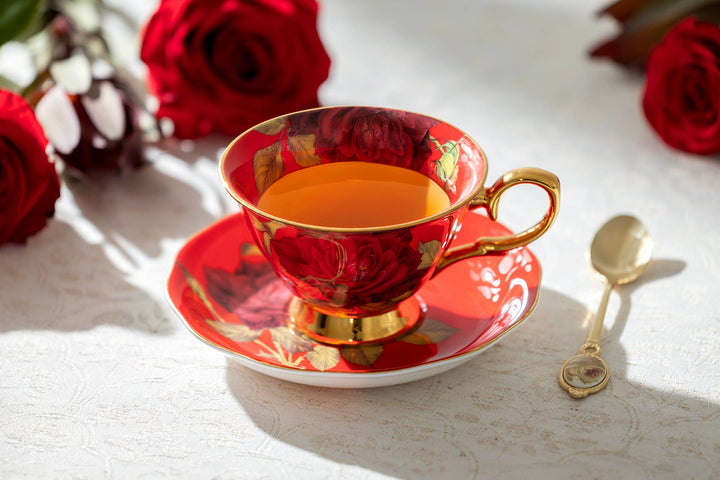 Gold Red Stem Rose 7oz Bone China Tea Cup and Saucer