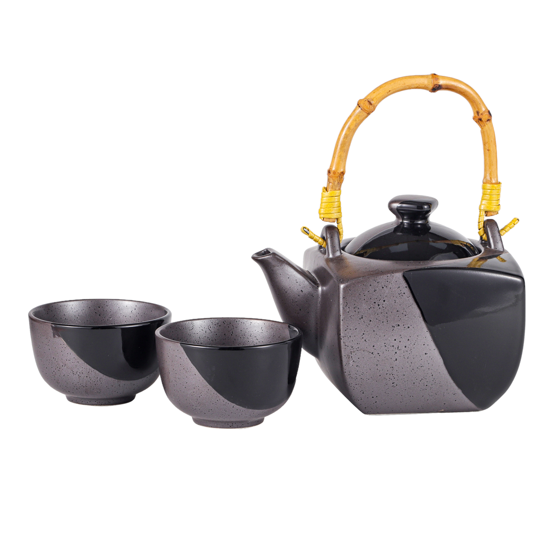Black Matte Reactive Glaze Tea Set 32oz Tea Pot with 2 Cups (1/12)