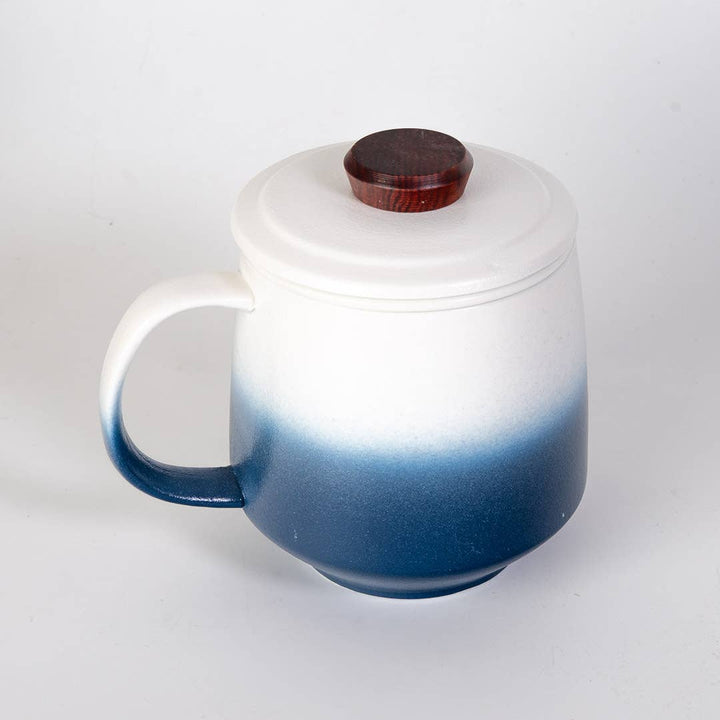 15oz Tea Mugs with Lid and Infuser for Loose Leaf Tea Mountain Design Blue White (4/48)