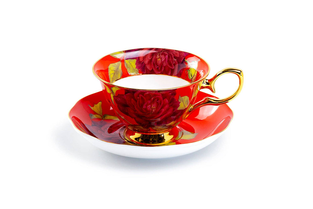 Gold Red Stem Rose 7oz Bone China Tea Cup and Saucer