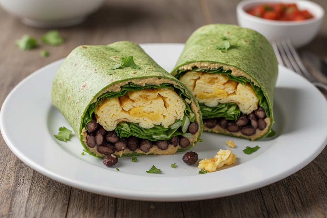 Breakfast burrito with spinach wrap, lettuce, scrambled egg, beans, and hummus