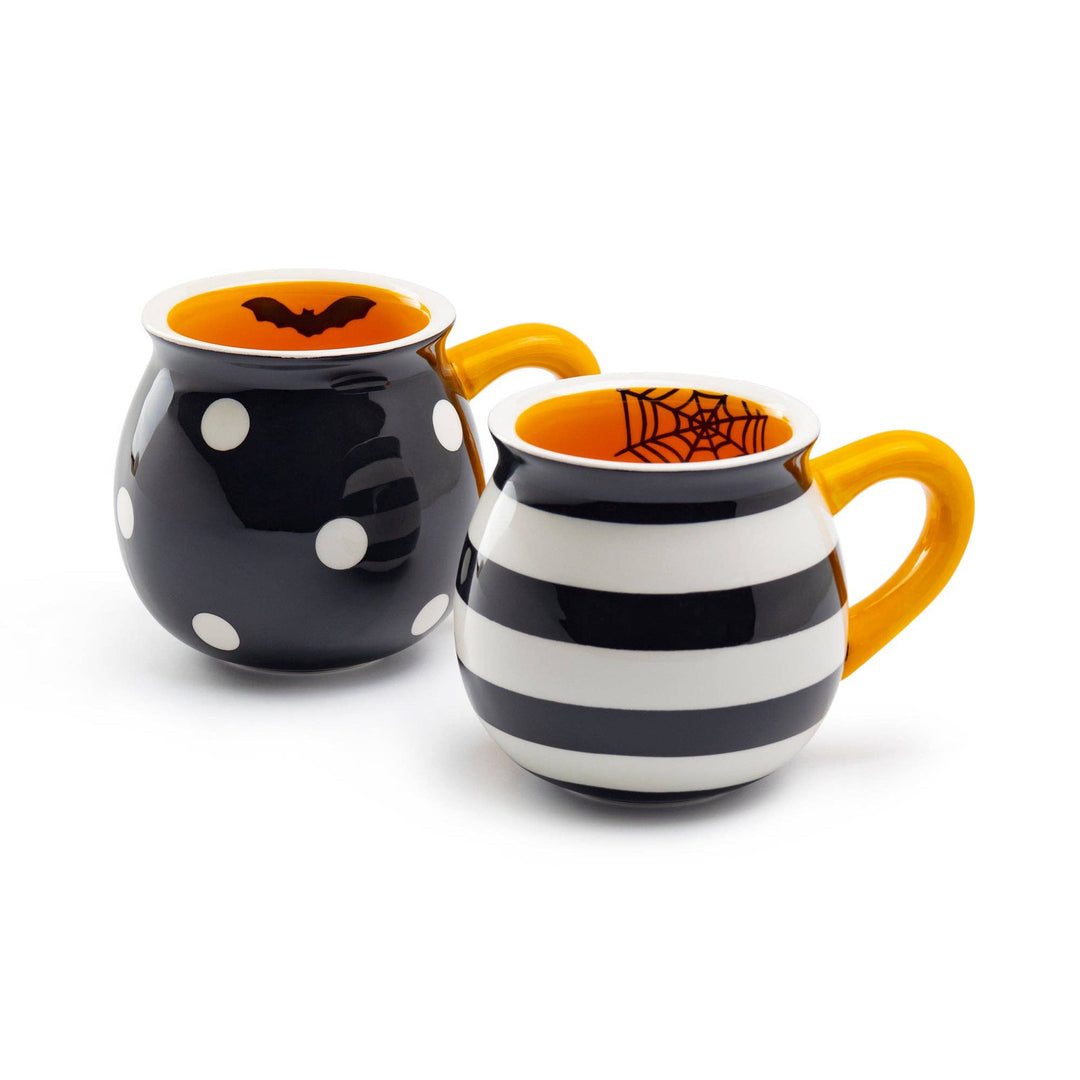 Halloween Bat Dots and Spider Web Stripes 12oz Mugs Set of 2