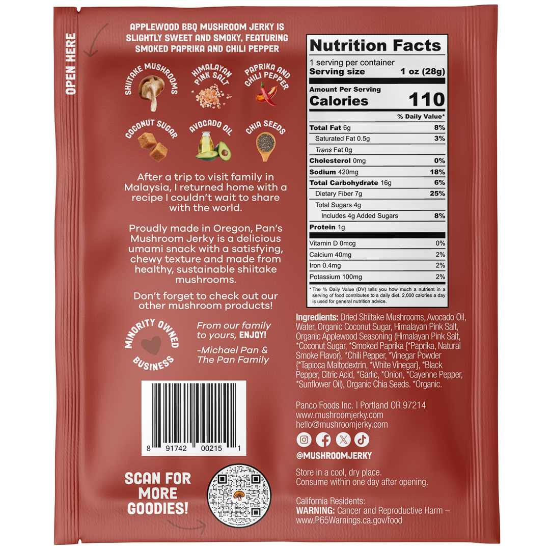 *NEW* 1oz Single Serve | Pan's Mushroom Jerky - Applewood BBQ
