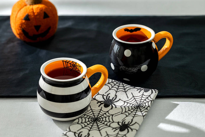 Halloween Bat Dots and Spider Web Stripes 12oz Mugs Set of 2