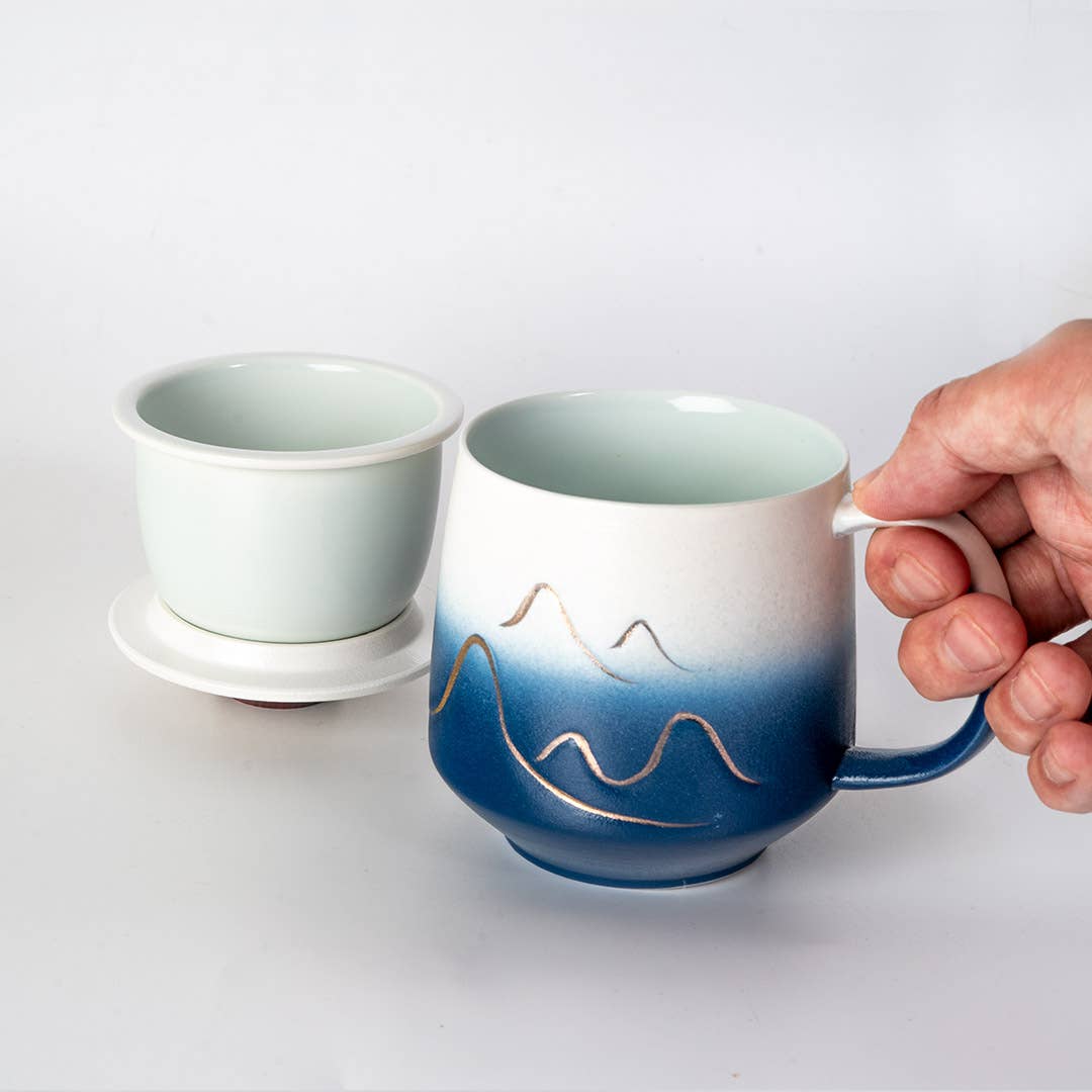 15oz Tea Mugs with Lid and Infuser for Loose Leaf Tea Mountain Design Blue White (4/48)