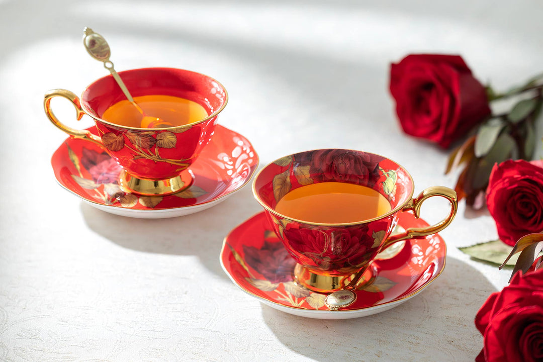 Gold Red Stem Rose 7oz Bone China Tea Cup and Saucer