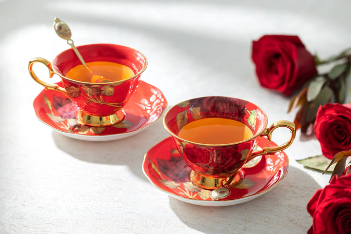 Gold Red Stem Rose 7oz Bone China Tea Cup and Saucer